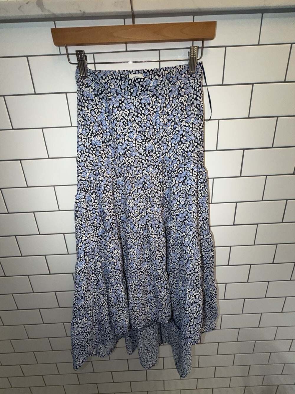Blue Rain Floral Print Long Tiered High-Low Skirt
